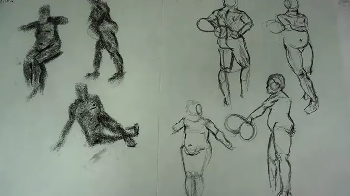 closeup of sketches - 4 of a person holding circular objects and 3 shaded images of the person walking and sitting